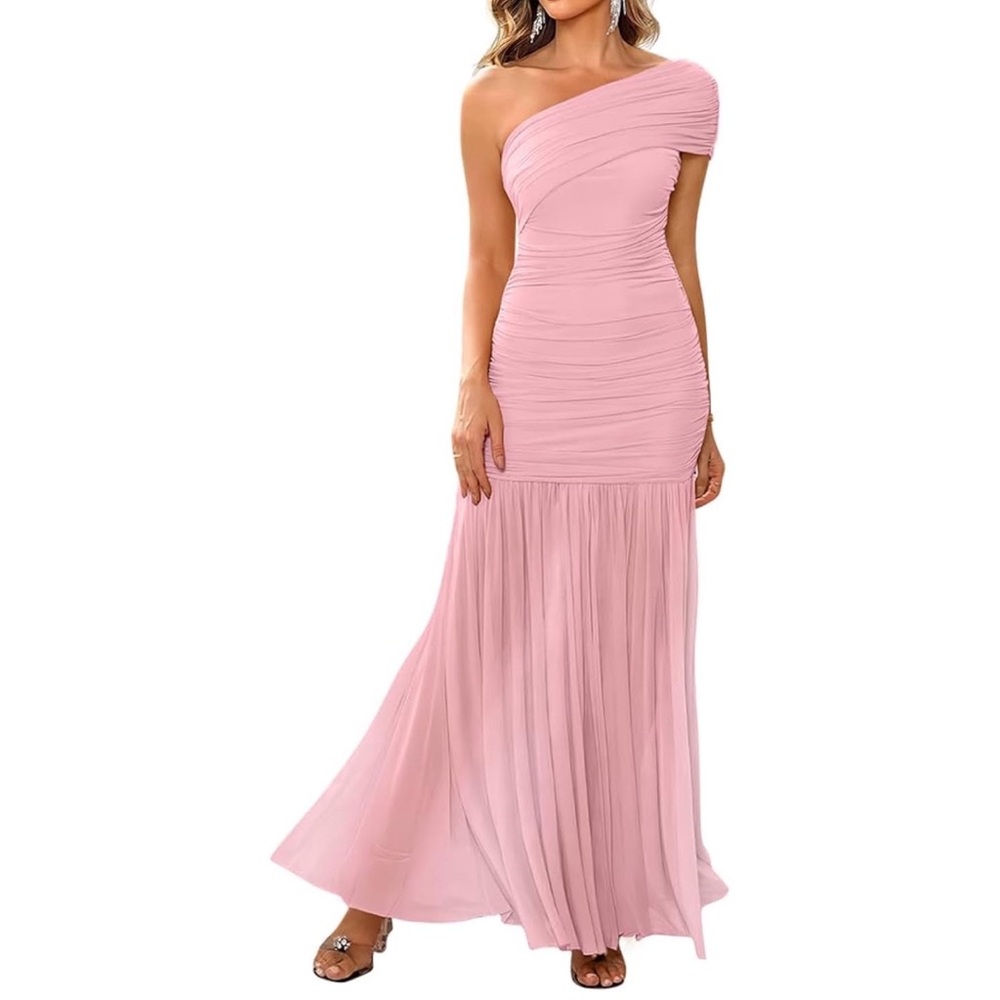 SHEIN Pink One-Shoulder Ruched Mermaid Evening Dress